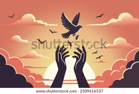 Embrace peace and freedom, symbolized by the release of doves into the serene sunset sky, International Peace Day,content was created using vector drawing tools and software, not generated by AI