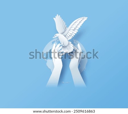  Celebrate the International Day of Peace on September 21st, symbolized by the dove of peace soaring over a united world, paper cut style.content was created using vector drawing tools and software