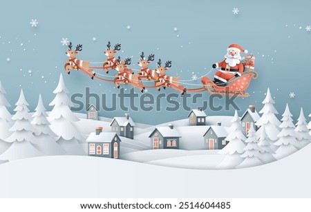  Christmas landscape with Santa Claus flies through the snowy sky with his reindeer sleigh above a festive winter village under the moonlight. paper cut art style.  