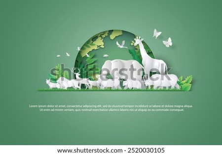 World Animal Day and world wildlife concept , with A green globe , lush green leaves and plants surround various white animals are shown, elephant, giraffe, rhinoceros, lion and morepaper-cut style