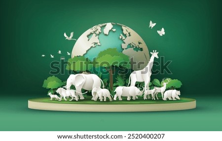 World Animal Day and world wildlife  with a green globe , lush green leaves and plants surround various white animals are shown, elephant, giraffe, rhinoceros, lion and more,   paper cut style