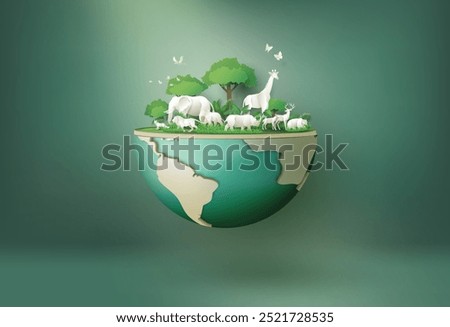 World Animal Day and world wildlife concept , with lush green leaves and plants surround various white animals on globe , including an elephant, giraffe, rhinoceros, lion and more,  a paper-cut style