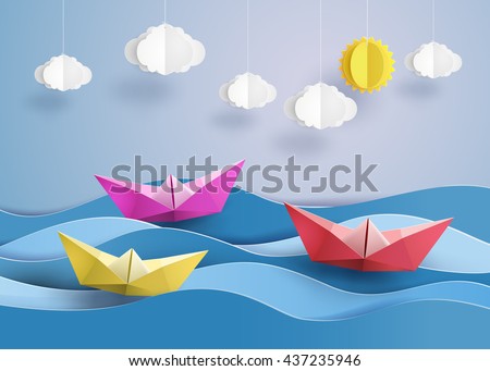 origami made colorful sailing boat.paper art and  digital craft style. 