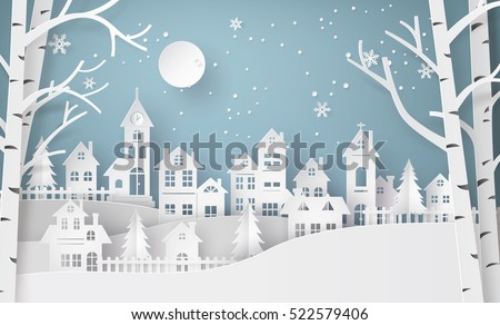 Winter Snow Urban Countryside Landscape City Village with full moon,Happy new year and Merry christmas,paper art and craft style.
