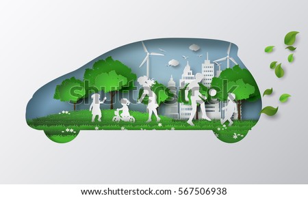 concept of eco car with family and nature in the city.paper art and  digital craft style.