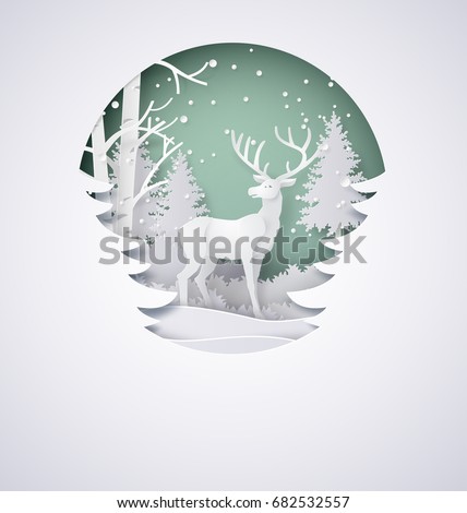Deer in forest with snow in the winter season and christmas.vector paper art  and digital craft style.
