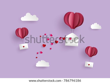 
Illustration of Love and Valentine Day,Paper hot air balloon heart shape hang envelope floating on the sky , Paper art and digital craft style.