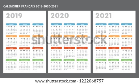 French calendar 2019-2020-2021 vector template text is outline 