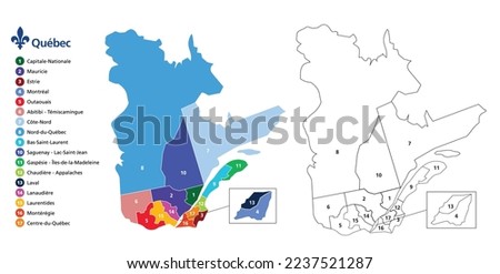 Province of Quebec map with counties borders administrative area color and outline