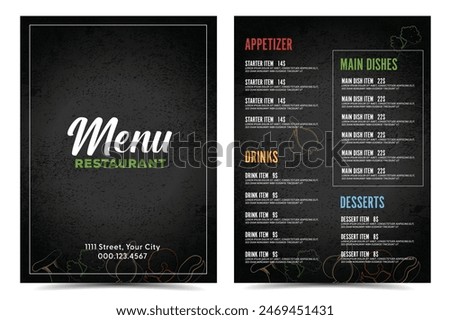 Restaurant menu design layout front and back with black textured background
