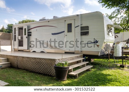 St-Gabriel-de-Brandon, Canada - July 30, 2015: side view of a mobile home on St-Gabriel-de-Brandon camping at summer