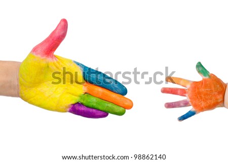 Adult hand reaches out to help baby hand in need. Concept of care, protection, mutual aid, parenting, leadership, ready for your logo