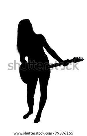 Silhouette of a young woman or girl playing guitar as logo. Isolated on white background with clipping path