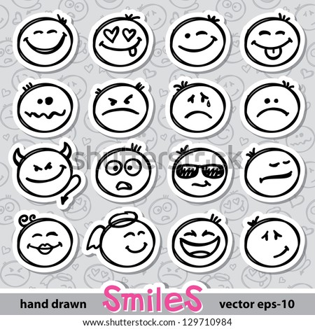 set of hand drawn smiles on realistic paper stickers