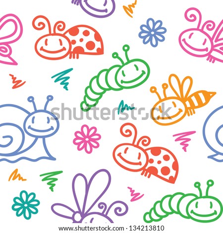 hand drawn seamless pattern with insects and snails