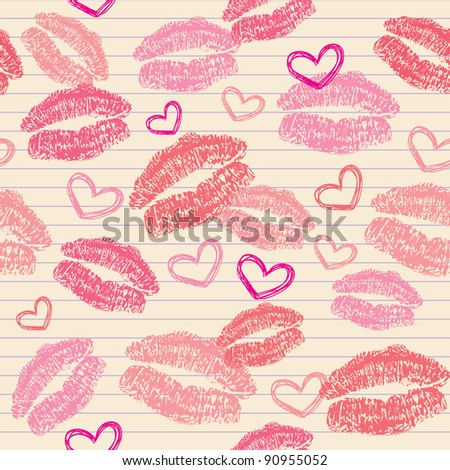 seamless pattern with kisses and hearts on realistic paper
