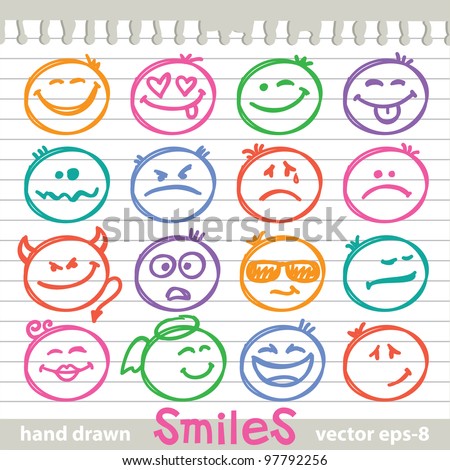 set of hand drawn smiles on realistic paper page