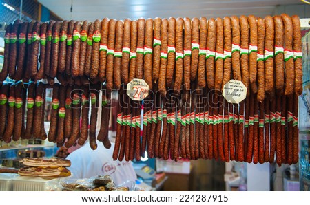 BUDAPEST. HUNGARY - October 10: Hungarian Sausage and Salami for sale at the Great Market Hall on October 10, 2014 in Budapest.Hungary