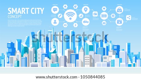 Smart city. Social Media Communication Internet Network Connection City Skyscraper View Cityscape Background Vector Illustration