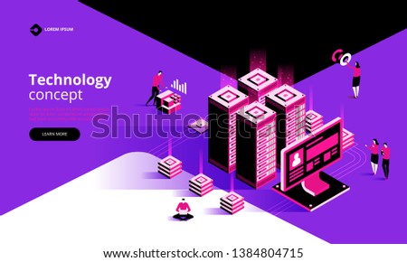 Technology concept. Internet datacenter connection, administrator of web hosting. Tech repair center hardware software database for safe server. Flat isometric vector illustration