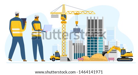 Male and female engineers in hard hats discuss new project while using tablet computer and laptop They're making calculated engineering decisions They work at construction site Vector illustration Stock foto © 