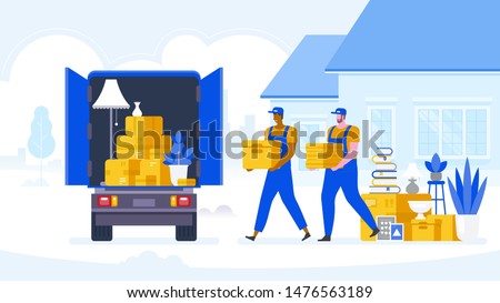 Moving house service. Moving with sofa and various boxes to new home. Pile of stacked cardboard boxes. Vector stock illustration in flat style.