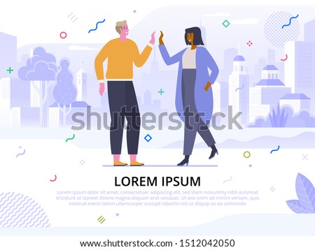 Informal greeting flat banner vector template. Cheerful friends, buddies cartoon characters. Happiness expression, togetherness concept. Happy people giving high five illustration with text space