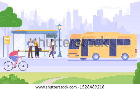 Bus stop flat vector illustration. People waiting for bus, man riding bicycle cartoon characters. Urban transportation means. Public transport on skyscrapers background. City infrastructure