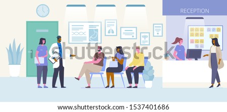 Medical center reception flat vector illustration. Men and women waiting in line, doctor speaking with patients cartoon characters. Hospital waiting room interior. Healthcare and medicine concept