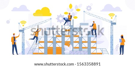 New construction building architecture. Building engineering on site. Male and female engineers in hard hats discuss new project. Making a home. Vector illustration 商業照片 © 