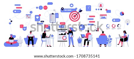 Vector illustration of office workflow and team building. Man and woman employees work together on work task. Manager, coworkers working on laptop or computer, online communication, show presentation