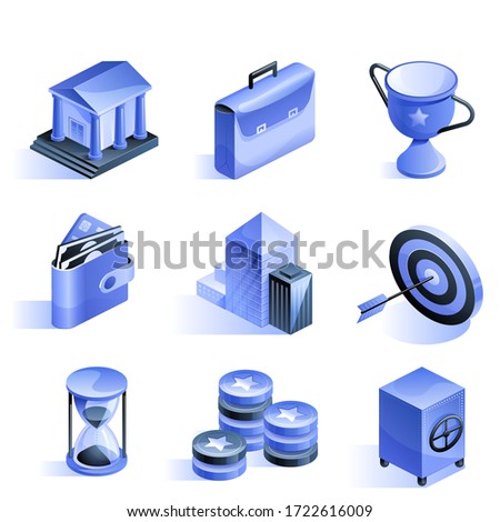 Business banking and finance High detailed realistic isometric icons 3d vector illustrations Bank suitcase cup wallet headquarter goal hourglass coins money safe symbols Isolated on white background