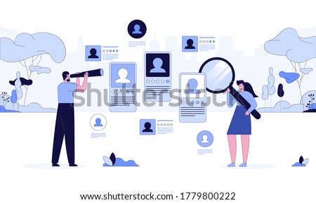 Head hunting in social network concept. Man and woman office workers with magnifier looking for employees. Vector character illustration of personal profiles of applicants vacancy, online recruiting