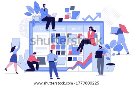 Business people at project task management concept. Men and women in team work, board with daily tasks, status, achievement of goals. Vector character illustration of effective time planning tools