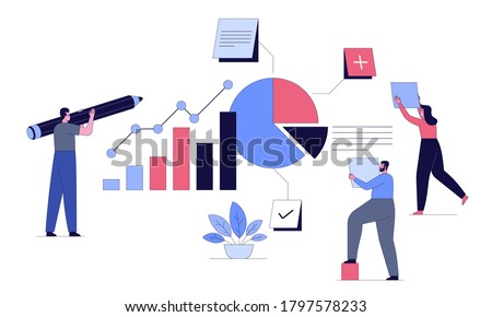 Project task management and effective time planning tools. Board with work tasks on sticker note, to-do list, status. Man with pencil and women add tasks. Vector character illustration of goals achievement 