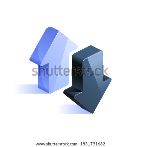 Blue arrows up and down icon in isometric view. Growth and decline graph chart. Data analysis, financial statistics. Vector illustration for visualization of business presentation, reports concept