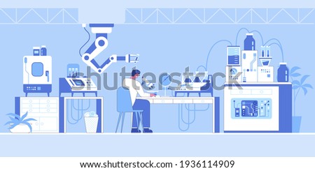 Science research laboratory interior with robotic technology. Scientist examines in microscope, conducting chemical research, robot hand holds test tube, lab equipment. Vector character illustration Stockfoto © 