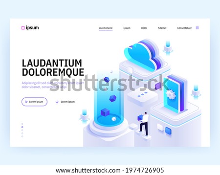 Vector landing page of Tech isometric concept. Cloud storage and computing, product and software development, support and monitoring. Character illustration of advertising banner in isometry design