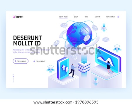 Vector landing page of Tech isometric concept. Cryptocurrency exchange, banking, online connection, financial tools, data analysis. Character illustration of advertising banner in isometry design