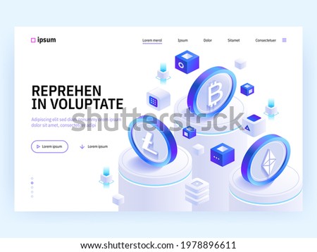 Vector landing page of Tech isometric concept. Cryptocurrency exchange, digital money currency, banking transaction, financial tools, investment. Illustration of advertising banner in isometry design 