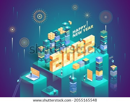 Happy New Year 2022 concept. Huge numbers standing stand on platform, abstract cubes in isometric view. Vector character illustration of business holiday celebration with fireworks in dark neon design