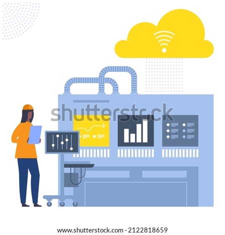 Smart industry with wireless control room in factory. Woman works at dashboard and computers, monitors workflow and controls production processes. Vector character illustration isolated on background