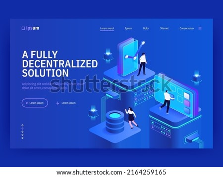 Fully decentralized solution isometric vector image on blue background. Cryptocurrency and blockchain technology. Financial system. Web banner with copy space for text. 3d components composition