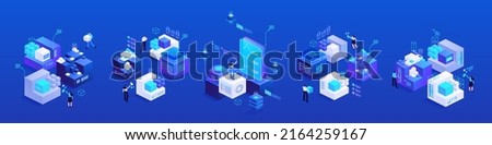 Digital technology in business and finances isometric vector images set on blue background. Cyberspace grounds. Blockchain facilities. Web banner with copy space for text. 3d components composition