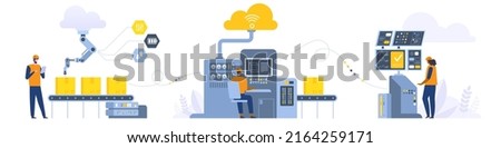 Manufacturing industry 2D vector isolated illustrations set. Employees controlling machine tools flat characters on cartoon background. Production plant colourful scene for mobile website presentation