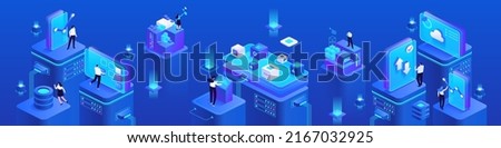 Financial transaction with cryptocurrency isometric vector images set on blue background. Cyber space platforms for trade. Bank online. Web banner with copy space for text. 3d components composition