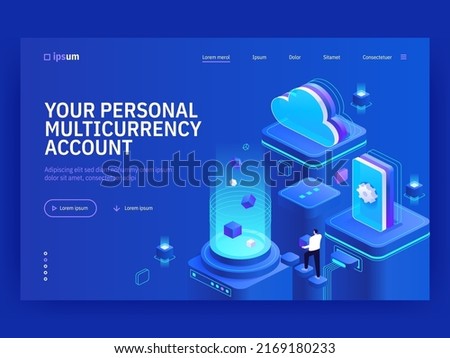 Personal multicurrency account isometric vector image on blue background. Digital bank service. Customer advantages of technologies. Web banner with copy space for text. 3d components composition