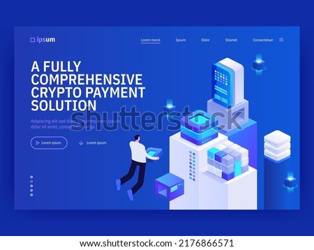 Fully comprehensive crypto payment solution isometric vector image on blue background. Blockchain system for business. Virtual banking. Web banner with space for text. Composition with 3d components