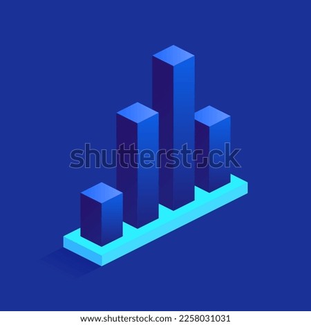 Blue bar graph icon in isometric view. Business charts, data graphics, statistics diagram, analysis growth progress. Vector illustration for visualization of presentation, report, infographics concept