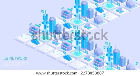 5g network technology concept. Wireless telecommunication service. City buildings with telecommunication towers. Marketing website landing template. Isometric vector illustration.